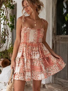AE Floral Smocked Tie Shoulder Boho Tiered Mini Dress Cottagecore S Patchwork